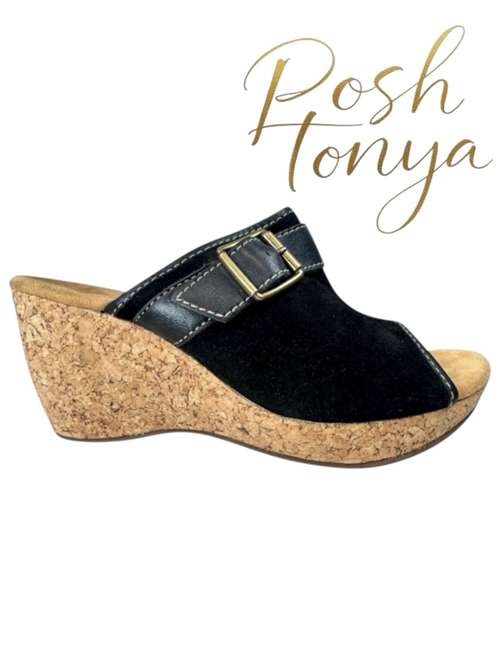 Clarks Harwich Keel Black Suede Platform Cork Wedge Sandals Size 9 Boho Comfort